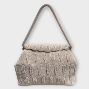 Vintage 1950s Rocaille White Ivory Seed Bead Leaf Design Evening Wedding Purse
